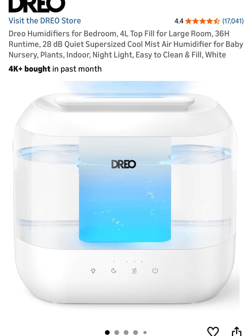 DREO White Cool Mist Humidifier with Night Light
